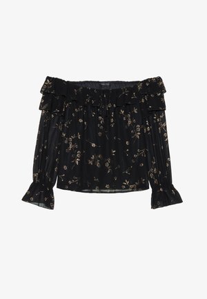 Juoda bliusona be petnešų su raukšlėtu apykakle ir rankovių kraštais. Pagaminta iš lengvos medžiagos su auksinėmis gėlių raštais visoje aprangoje.