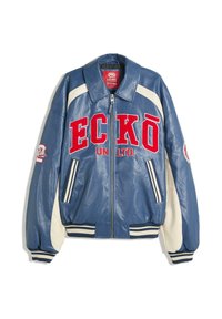 Blue leather jacket with red lettering "ECKŌ UNLTD." Features white accents, ribbed cuffs and hem, and zip closure. Textured finish.
