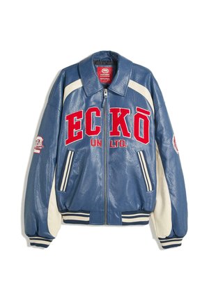 Blue leather jacket with red lettering "ECKŌ UNLTD." Features white accents, ribbed cuffs and hem, and zip closure. Textured finish.