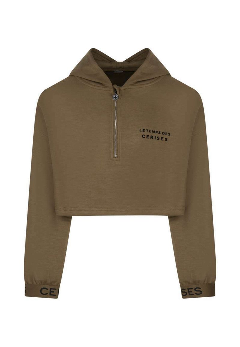 Hoodie olive cropped en tissu doux avec une demi-zip, arborant un imprimé de logo noir et des poignets élastiques avec des détails de texte.