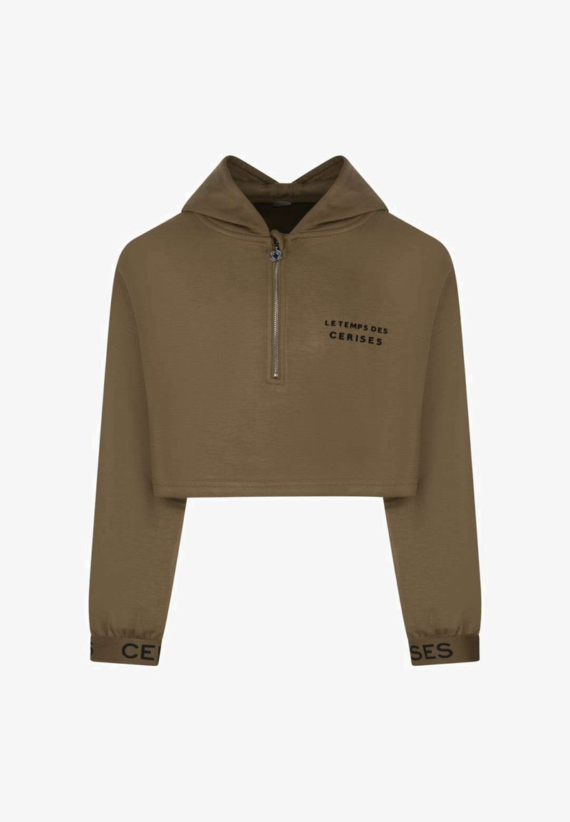 Hoodie olive cropped en tissu doux avec une demi-zip, arborant un imprimé de logo noir et des poignets élastiques avec des détails de texte.