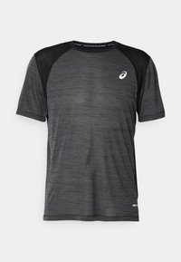 Black athletic t-shirt with short sleeves, mesh texture. Features a round neckline with a reflective logo on the chest and accents on sleeves.