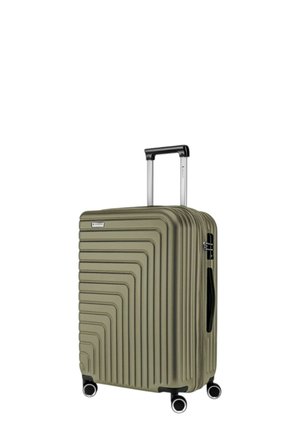 Valigia rigida verde oliva con righe verticali, manico nero retrattile e quattro ruote per la mobilità. Chiusura con zip e manico laterale.
