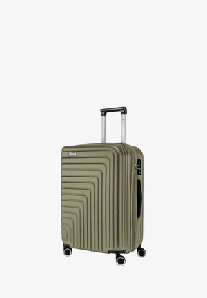 Valigia rigida verde oliva con righe verticali, manico nero retrattile e quattro ruote per la mobilità. Chiusura con zip e manico laterale.