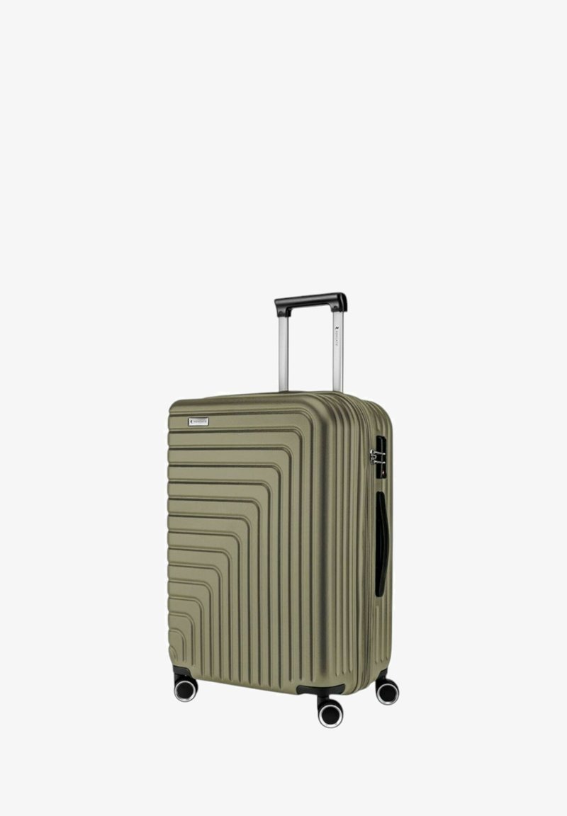 Valigia rigida verde oliva con righe verticali, manico nero retrattile e quattro ruote per la mobilità. Chiusura con zip e manico laterale.