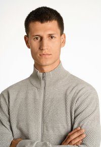 Helles graues Zip-Up-Sweatshirt mit geripptem Kragen und strukturierten Mustern. Verfügt über ein tailliertes Design und lange Ärmel, die ein glattes Strickmuster zeigen.