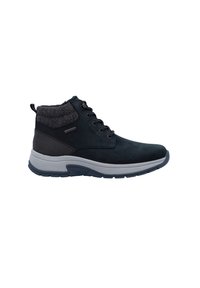 Dunkelblaue Ankle Boots mit Wildleder-Oberfläche, ausgestattet mit einem grauen Strickkragen, grauer Gummisohle und Schnürdesign mit Metallösen.