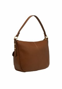 Braune Lederhandtasche mit strukturiertem Finish, ausgestattet mit einem einzigen oberen Griff und goldfarbenen Hardwareakzenten. Mit Reißverschluss oben zu schließen.