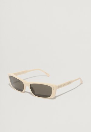 Cream-colored rectangular sunglasses with dark lenses and textured temples featuring small detailing along the arms.
