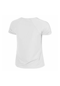 T-shirt bianco a maniche corte con scollo rotondo e maniche raglan. Realizzato in tessuto liscio, presenta un design pulito e senza cuciture.