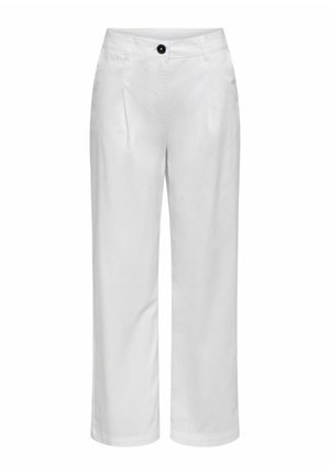 Biele nohavice rovného strihu s prednými záhybmi, pútkami na opasok a čiernym gombíkom na páse.