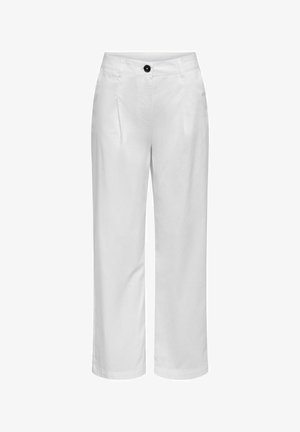 Hvide bukser med lige ben, frontplisser, bæltestropper og sort knaplukning i taljen.