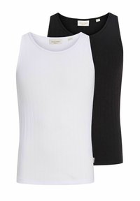 Δύο αμάνικα ριμπ τοπ, ένα λευκό μπροστά και ένα μαύρο πίσω, και τα δύο με στρογγυλή λαιμόκοψη και ετικέτες μάρκας.