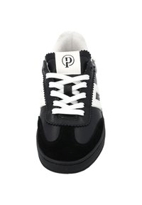 Black and white sneaker with a leather and suede upper, flat white shoelaces, and a logo on the tongue. Rounded toe and textured sole.