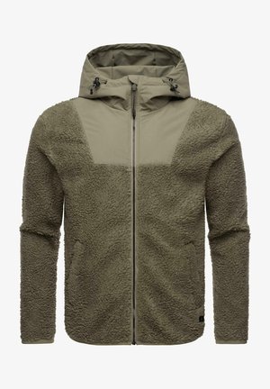 Olive green fleece jacket with a smooth fabric upper panel and textured lower section. Features a zip closure and adjustable hood.