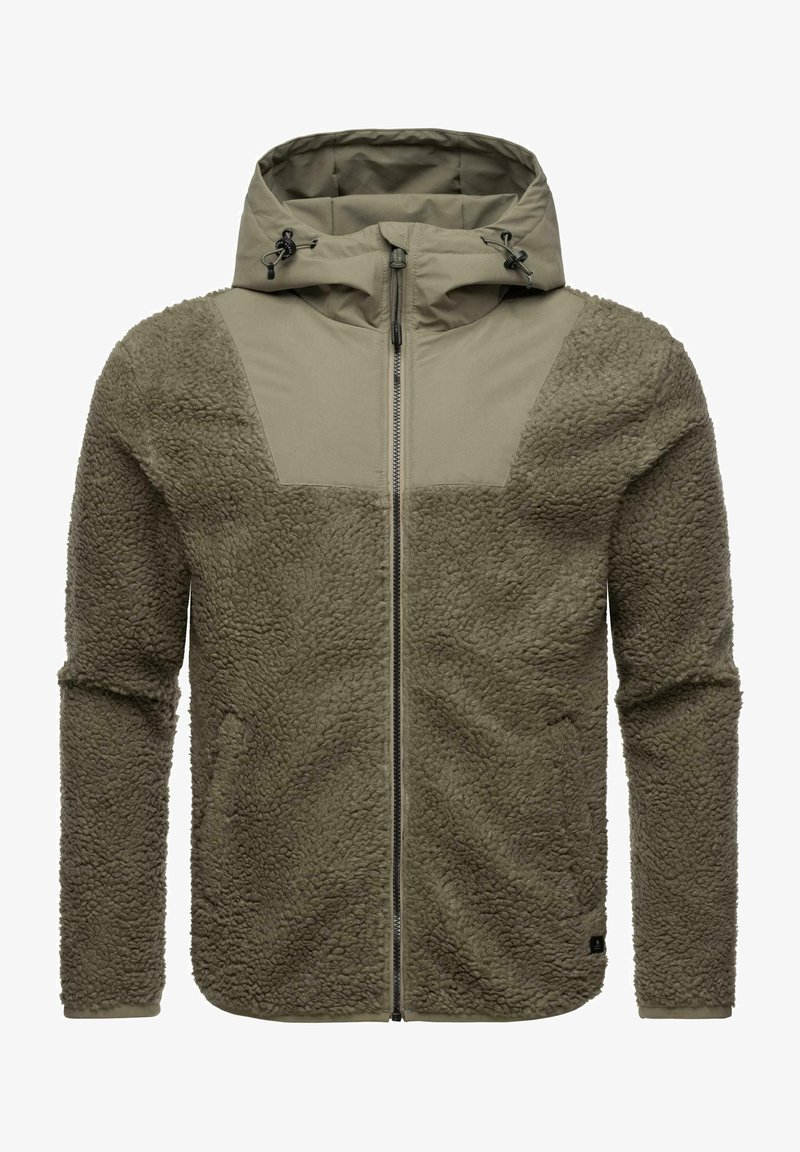 Oliwkowa polarowa kurtka z gładką górną częścią i teksturowanym dolnym sekcją. Posiada zamek błyskawiczny i regulowany kaptur.