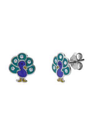 Zilveren oorstekers in de vorm van pauwen met blauwe en groenblauwe emaille en kleine heldere kristallen op de staartveren.