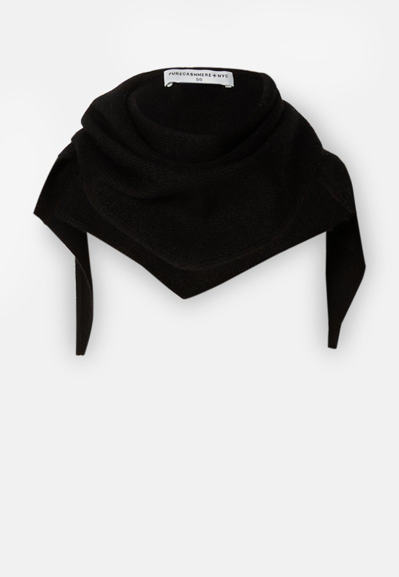 Cachecol de caxemira preto com forma triangular, textura suave e lados longos para dar nó. Apresenta um pequeno rótulo na borda superior.