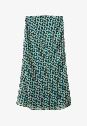 Falda larga color verde azulado con patrón floral geométrico blanco, corte recto y una sutil abertura lateral.