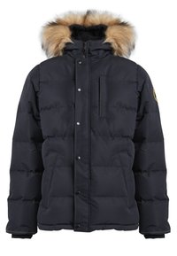 Black puffer jacket with a fur-lined hood, featuring a zip closure, snap buttons, and side pockets. Ribbed cuffs and a logo patch on the sleeve.