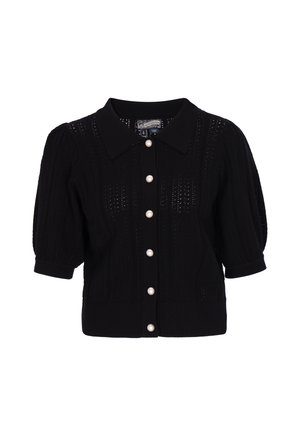 Black knitted cardigan with a collared neckline, short puffed sleeves, and six large pearl buttons down the front. Textured fabric with open stitching.