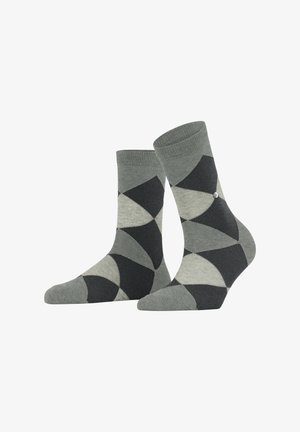 Chaussettes grises et noires à motifs géométriques, en tissu texturé, avec un bord-côte et un petit détail logo.