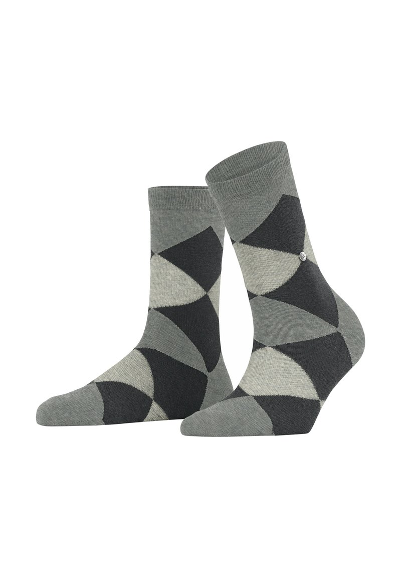 Graue und schwarze gemusterte Socken mit geometrischen Formen, aus strukturiertem Stoff, mit einem gerippten Bündchen und kleinem Logodetail.