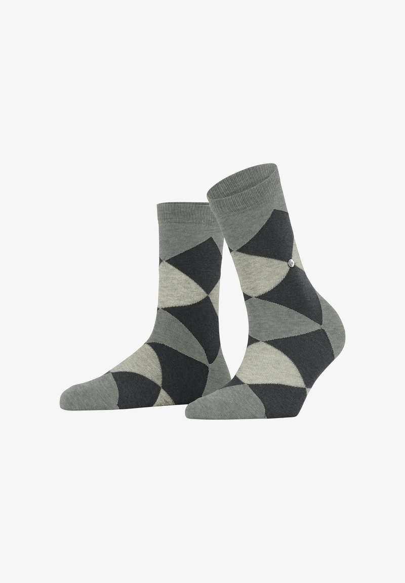 Graue und schwarze gemusterte Socken mit geometrischen Formen, aus strukturiertem Stoff, mit einem gerippten Bündchen und kleinem Logodetail.