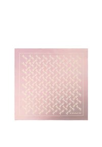 Foulard in seta rosa con motivo bianco di cavalli e carrozze su tutta la superficie, rifinito da una sottile linea bianca e dal nome del marchio "COACH".