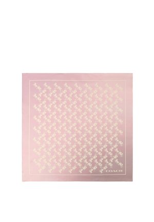 Pink silk scarf featuring an all-over white pattern of horses and carriages, bordered with a thin white line and the brand name "COACH."