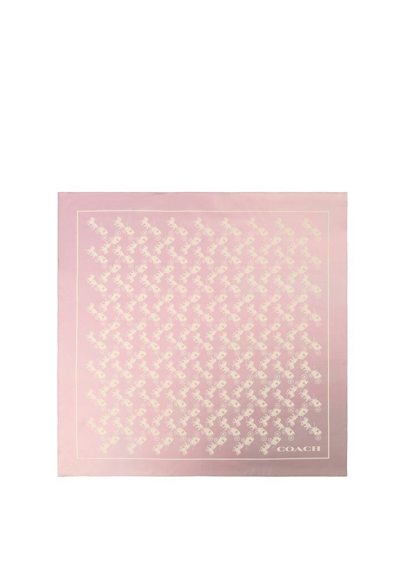 Foulard in seta rosa con motivo bianco di cavalli e carrozze su tutta la superficie, rifinito da una sottile linea bianca e dal nome del marchio "COACH".