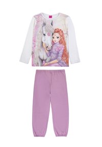 Children's pajama set featuring a white long-sleeve top with a horse and girl illustration, paired with soft lavender elasticized pants.
