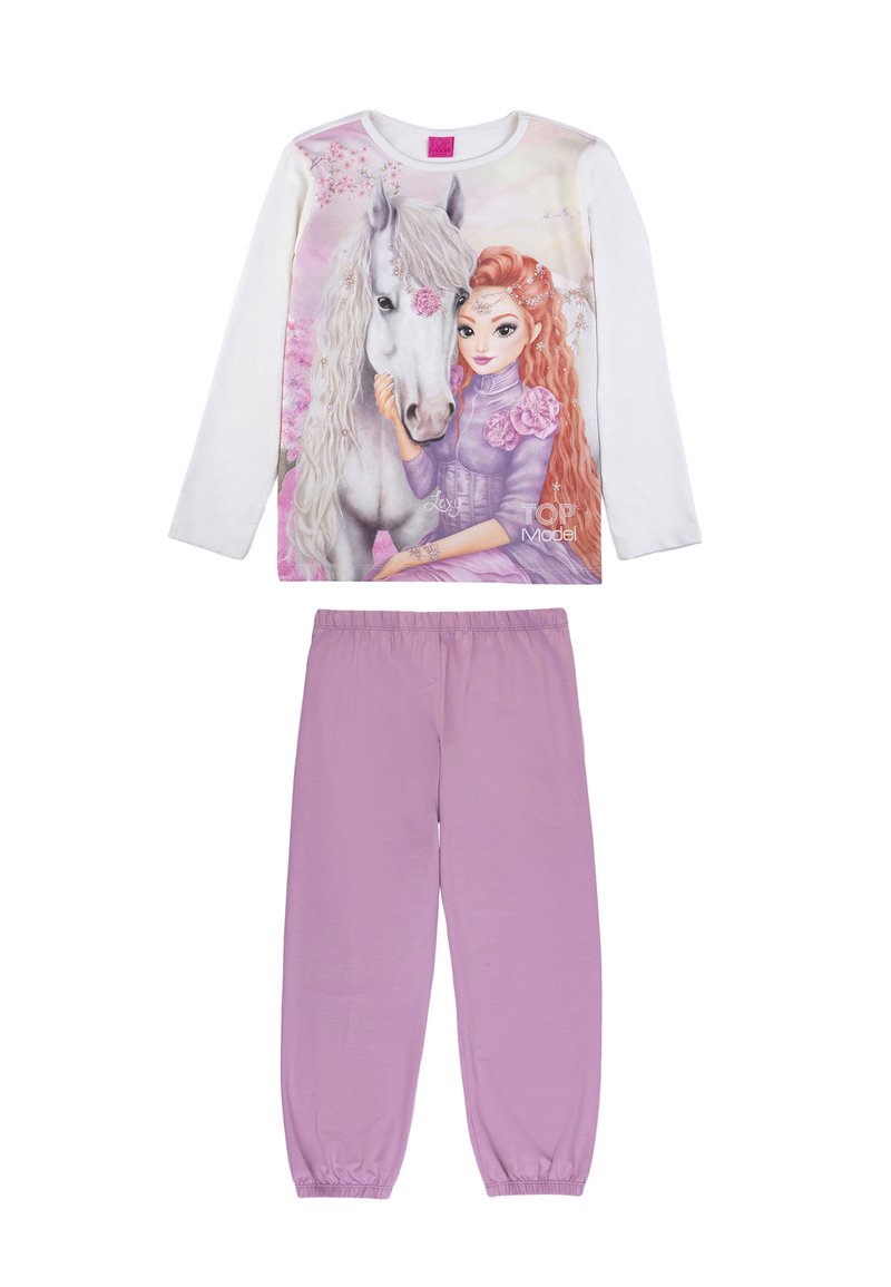 Children's pajama set featuring a white long-sleeve top with a horse and girl illustration, paired with soft lavender elasticized pants.
