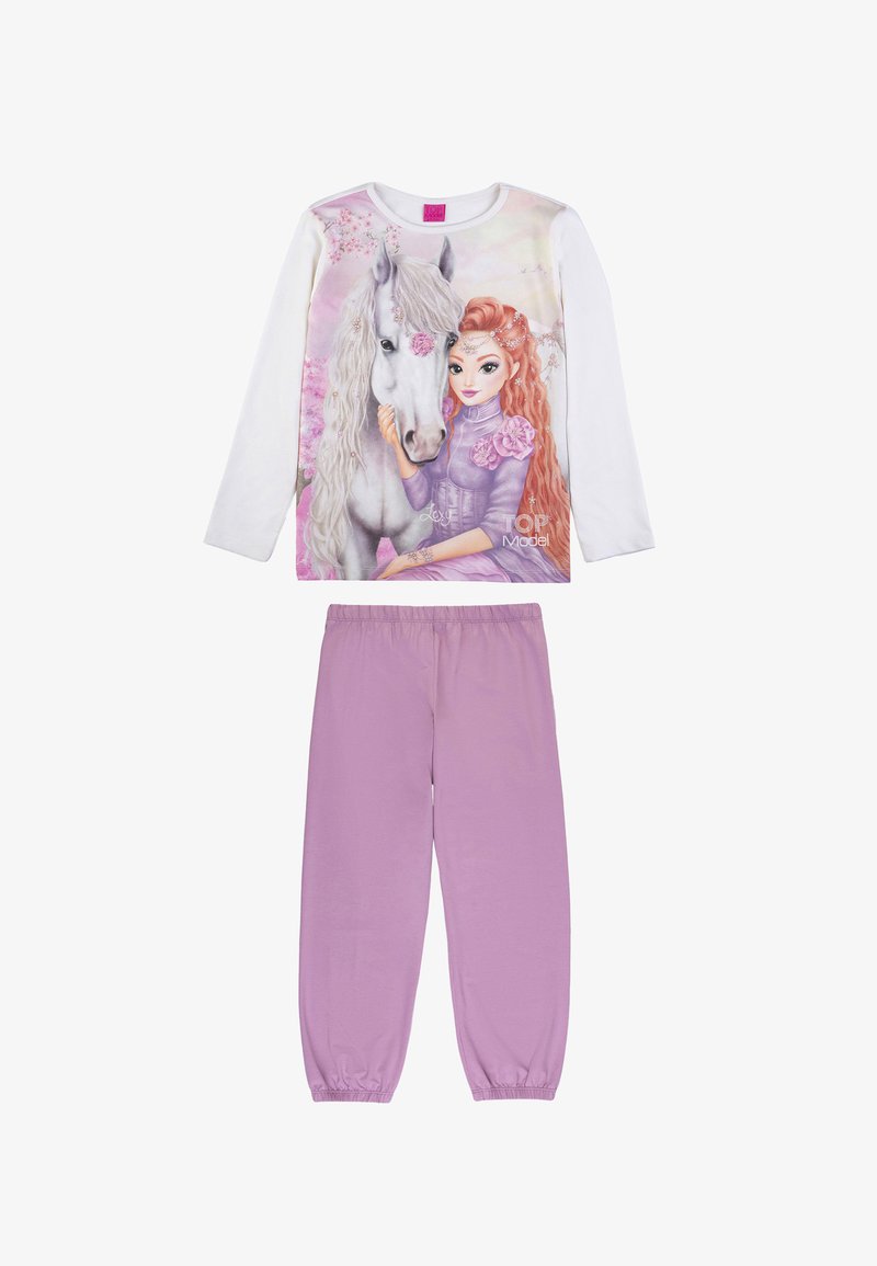 Kinder-Pyjama-Set bestehend aus einem weißen Langarmoberteil mit einer Illustration von einem Pferd und einem Mädchen, kombiniert mit weichen, lavendelfarbenen, elastischen Hosen.