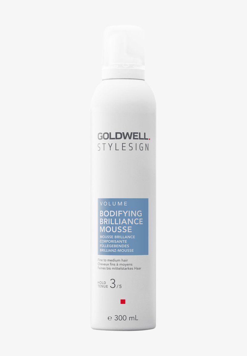 Goldwell Stylesign Volume Bodifying Brilliance Mousse pour cheveux fins à moyens, 300 ml avec un niveau de fixation 3 sur 5 en flacon blanc.