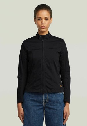 Black, zippered jacket with a stand-up collar and two front pockets. Features a slightly textured fabric and fitted sleeves.
