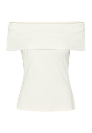 Off-the-shoulder top in soft white fabric, featuring a wide, folded neckline and a fitted body design. Smooth texture with no patterns.