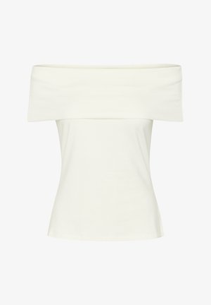 Õlavarrelt langev tip, mis on valmistatud pehmest valgest kangast, laia volditud kaelusega ja keha järgiva disainiga. Sile tekstuur, ilma mustriteta.