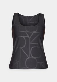 Černý tílko s texturovaným vzorem písmen, se čtvercovým výstřihem a bez rukávů. Vyrobeno z hladkého, elastického materiálu.