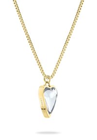 Halsband i guldfärg med en klar hjärtanhänge, polerad yta och slät kedjedesign med ett lås för säker användning.