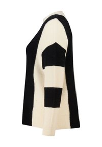 Zwart- en crèmekleurige gestreepte trui met een losse pasvorm. Voorzien van blokpatronen en een geribde halslijn. Gebreide stof met een zachte textuur.