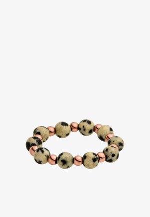 Dalmatinerstein-Perlenarmband mit cremefarbenen und schwarzen gepunkteten Keramikperlen, unterbrochen von kupferfarbigen Metallakzenten. Elastisches Design.