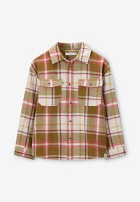 Chemise en flanelle à carreaux présentant des couleurs vert, rose, blanc et jaune. Elle comprend deux poches avant et une fermeture à boutons, avec un col pointu.