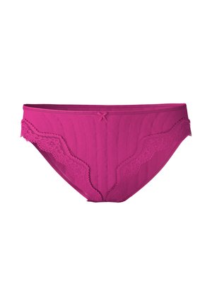 Roze panties van zachte stof met kanten accenten, met een geribbelde textuur en een klein strikdetail aan de voorkant.