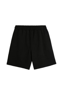 Shorts en coton noir avec une ceinture élastique, présentant une texture lisse et une coupe décontractée, adaptés pour un usage quotidien ou pour faire de l'exercice.