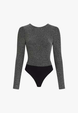 Body din lung cu mânecă, de culoare neagră și argintie, cu o textură strălucitoare. Prezintă un decolteu rotund și un design ajustat cu fundă tip thong.