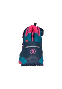 Children's hiking boots in navy blue with pink accents. Textured mesh upper, padded collar, reinforced heel, and rubber sole with grip.