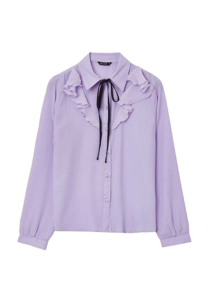 Blusa lavanda realizzata in tessuto morbido, con colletto arricciato e piastra, maniche lunghe e chiusura a cravatta nera al collo.