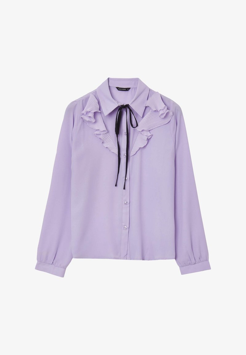 Blusa lavanda realizzata in tessuto morbido, con colletto arricciato e piastra, maniche lunghe e chiusura a cravatta nera al collo.