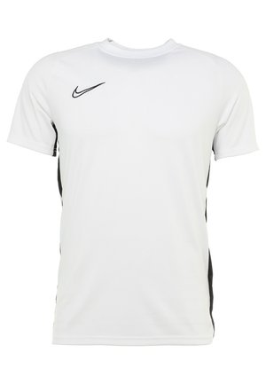 Weißes Sportshirt mit kurzen Ärmeln und schwarzem Nike-Swoosh-Logo auf der rechten Brust sowie schwarzen Seitenpaneelen.